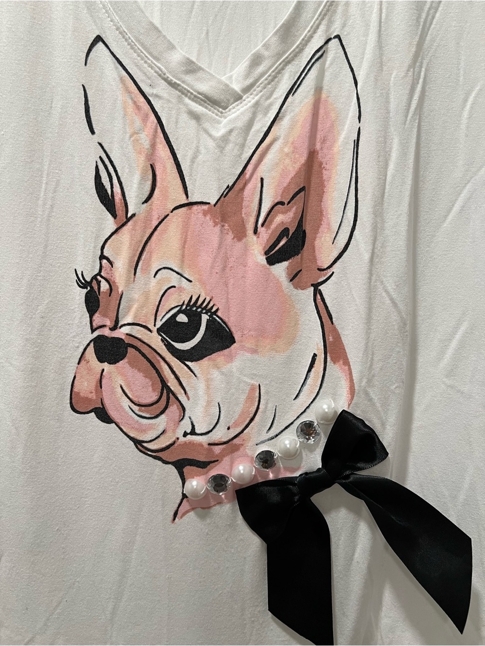 New York & Company White Tee with Frenchie Diva Pup Pearls Sparkle w/Bow